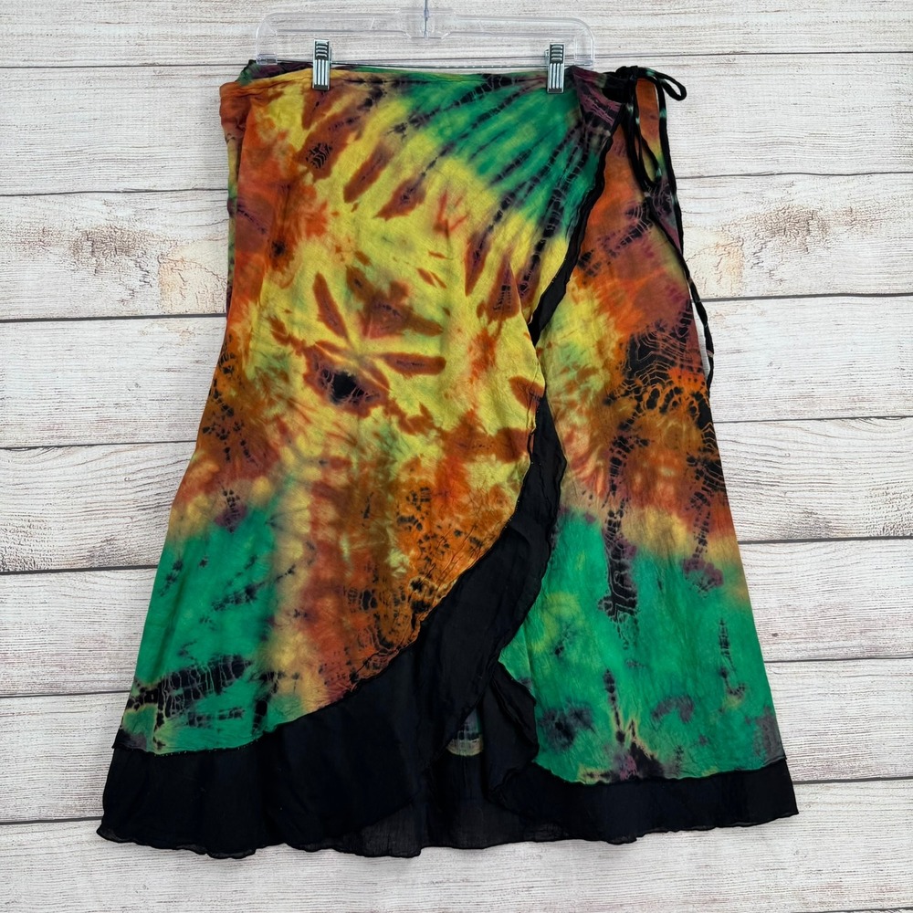 Tie-Dye Midi Wrap Skirt - Green & Orange
